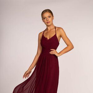 NEW LONG OFF THE SHOULDER SLEEVELESS CHIFFON DRESS WITH HALTER NECKLINE GL2606